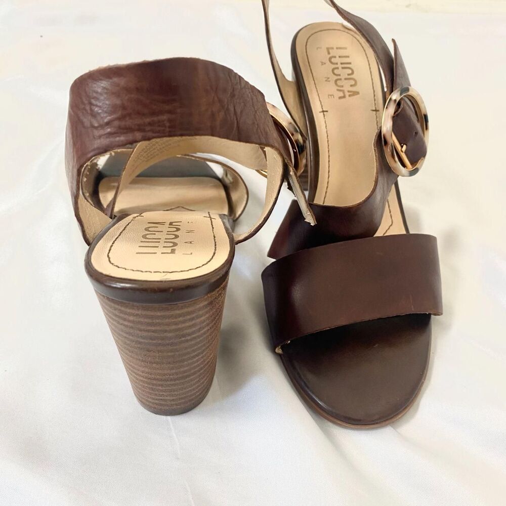 Lucca Lane Dark Brown Leather Tortoise Clasp Lace Up Chunky Heel Sandals US 8.5 - Picture 4 of 8